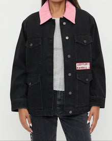Quincy Jacket in black denim and pink corduroy and Winona Denim Barrel Pant in washed black. 