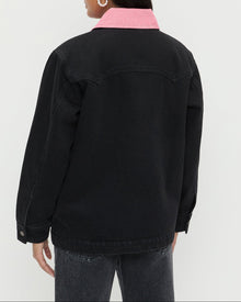 Quincy Jacket in black denim and pink corduroy and Winona Denim Barrel Pant in washed black.