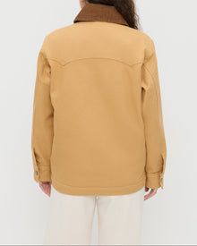 Quincy Jacket in canvas tan and brown corduroy in Winona Denim Barrel Pant in natural.