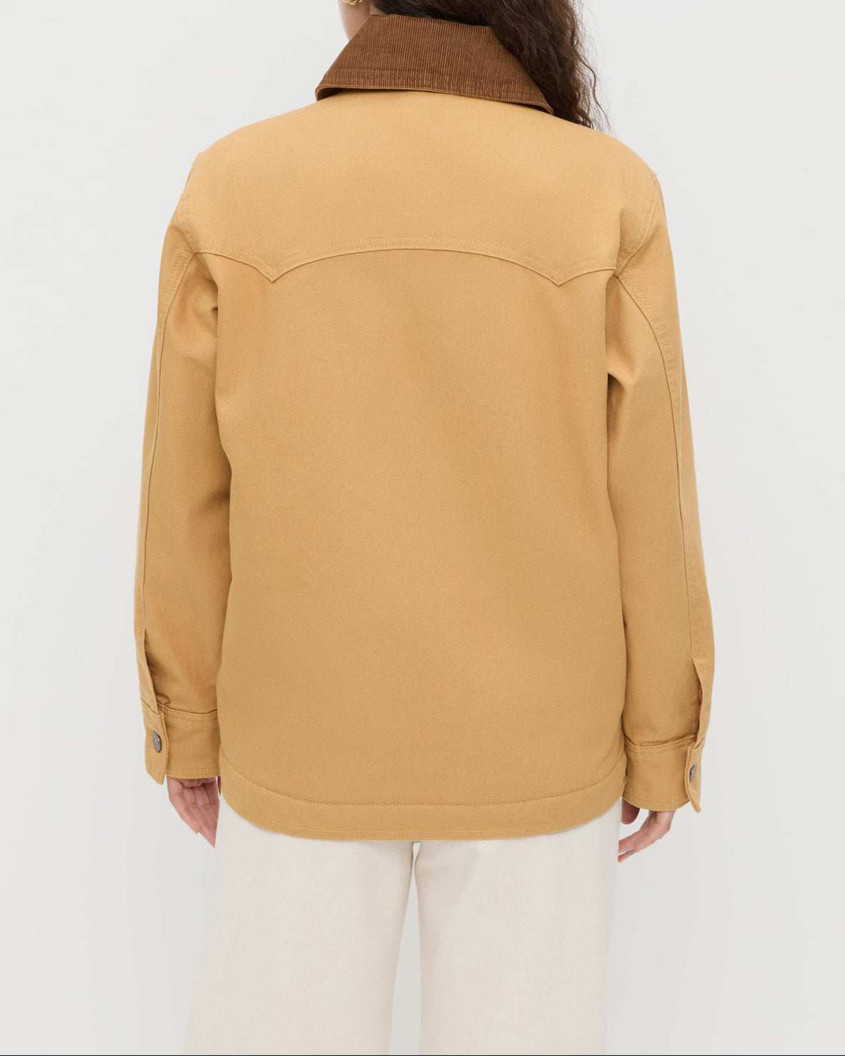 Quincy Jacket in canvas tan and brown corduroy in Winona Denim Barrel Pant in natural.