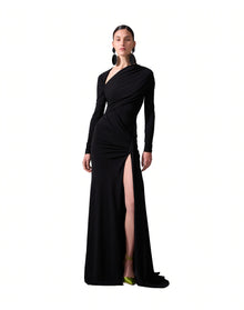 Long Sleeve Draped Gown with Slit | Black