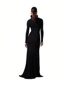 Long Sleeve Draped Gown with Slit | Black