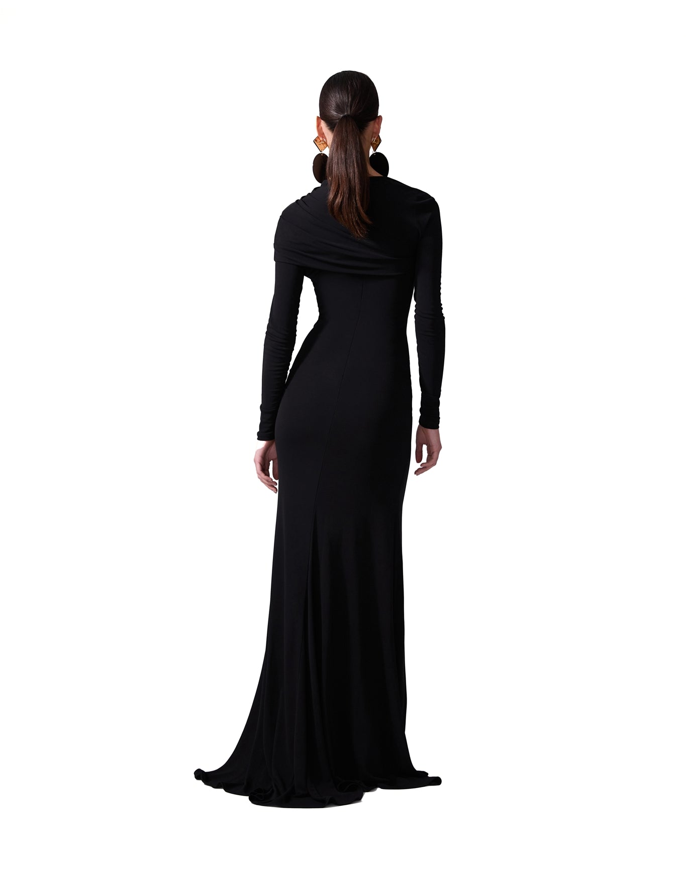 Long Sleeve Draped Gown with Slit | Black