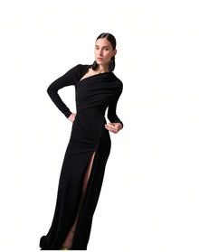 Long Sleeve Draped Gown with Slit | Black