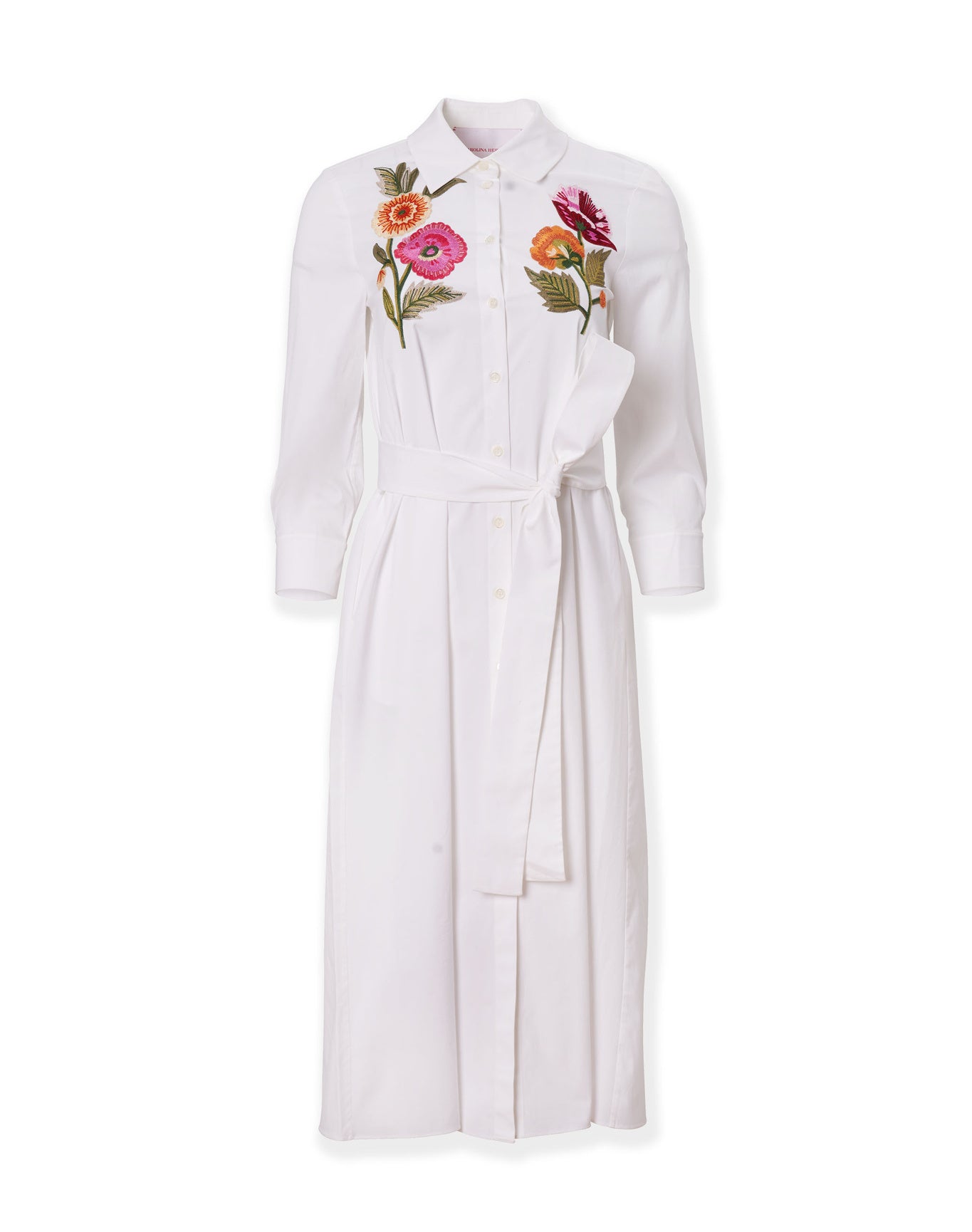 Embroidered 3/4 Sleeve Shirt Dress With Belt | White Multi