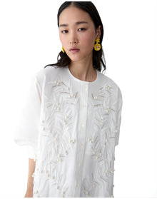 Embroidered Long Sleeve Button Front Gown | White