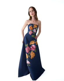 Embroidered Strapless A-Line Gown | Midnight Multi