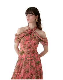 Halter Neck Draped Off Shoulder Midi Dress | Sunset Multi