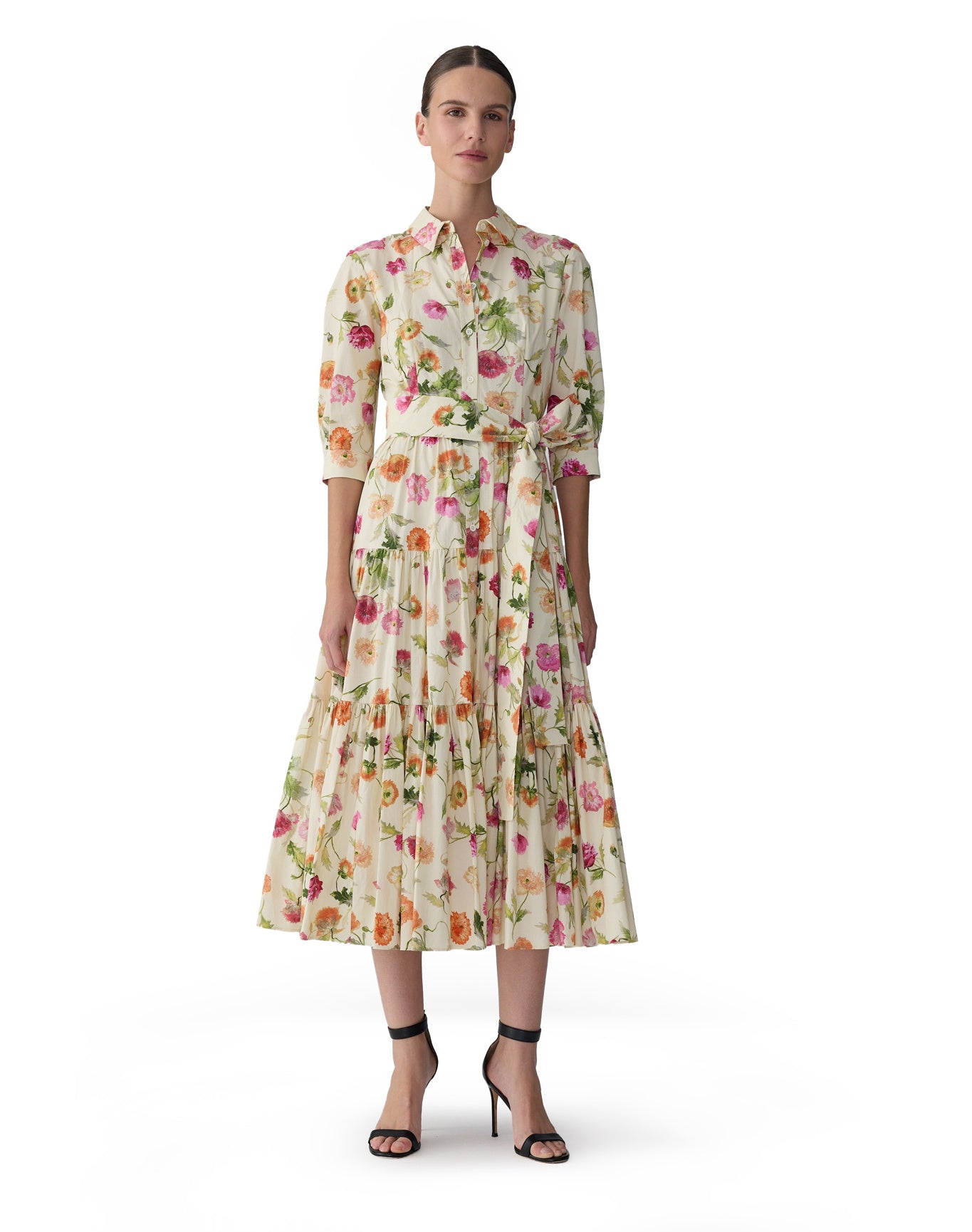 3/4 Sleeve Tiered Shirt Dress | Almond Multi