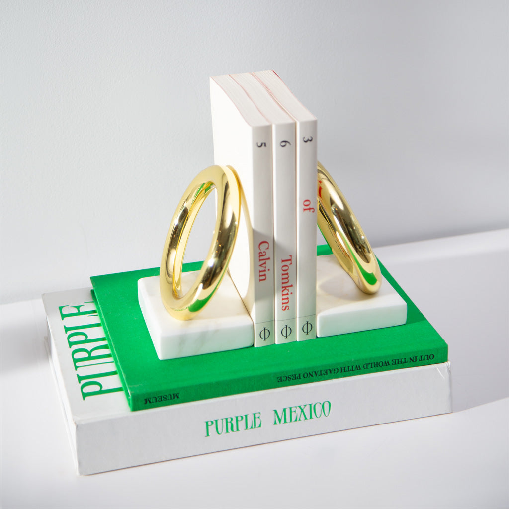 Ring Bookends | Gold-Plated Stainless Steel | Italian Carrara Marble | Set of 2