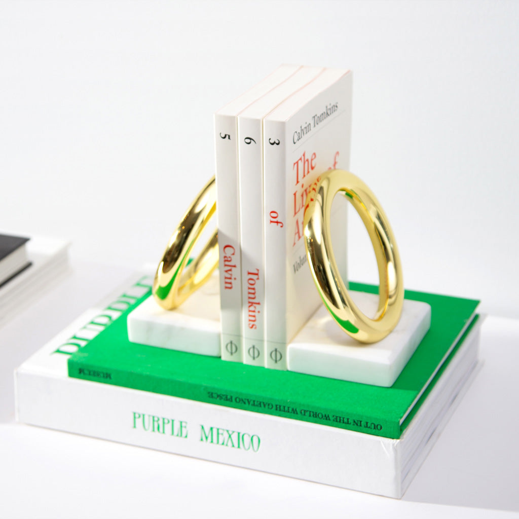 Ring Bookends | Gold-Plated Stainless Steel | Italian Carrara Marble | Set of 2