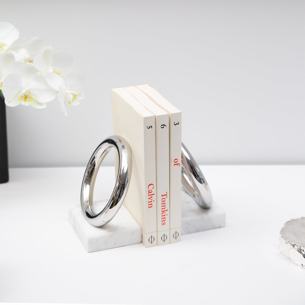 Ring Bookends | Silver-Plated Stainless Steel | Italian Carrara Marble | Set of 2