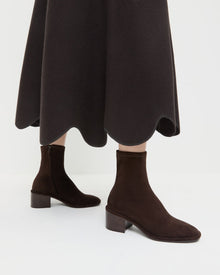Roxy Brown Suede Ankle Bootie in brown suede and Linnea Skirt in brown wool.
