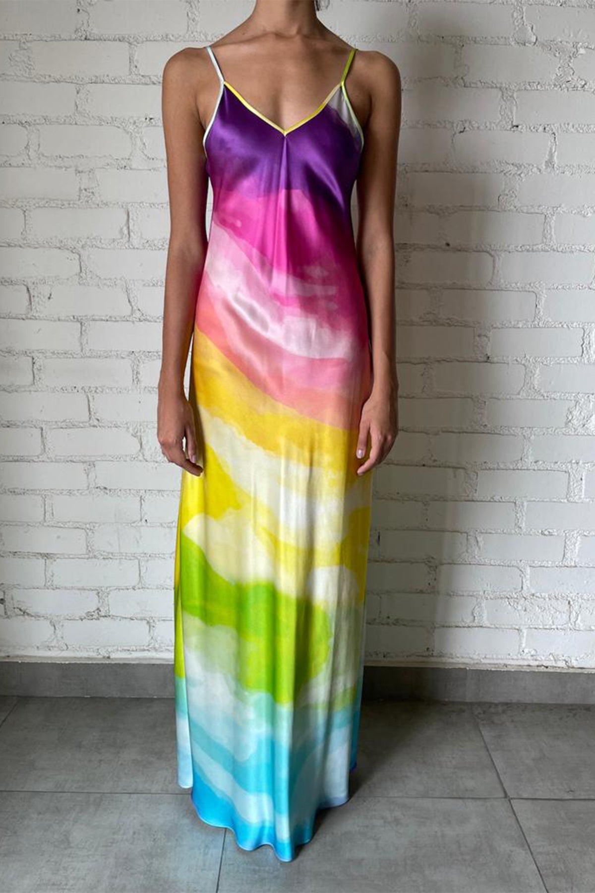 V-Neck Viscose Long Dress | Pink/Multi