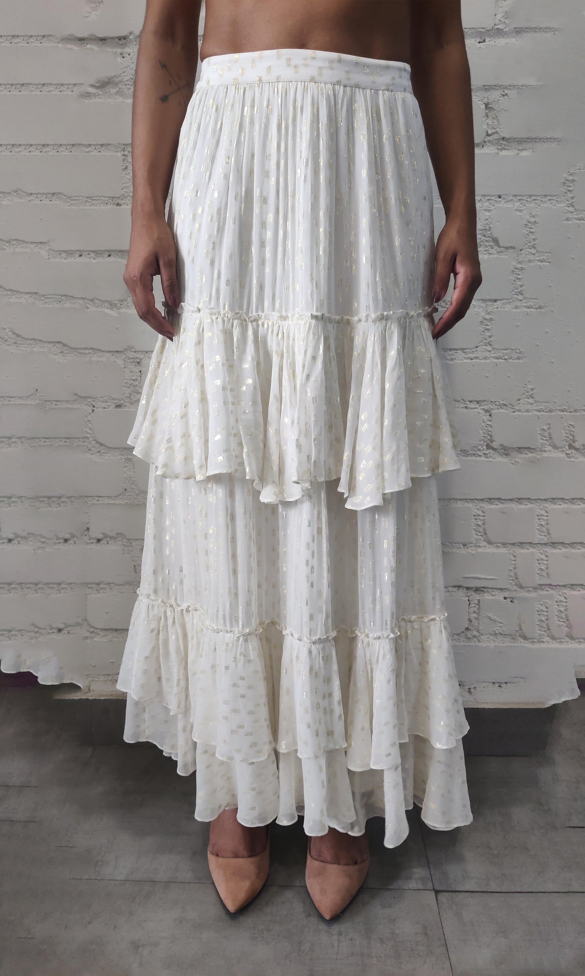 Womens | Aine Viscose Georgette Gold Dobby Long Skirt | White