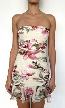 Womens | Cai Heavy Viscose Crinkle Chiffon Mini Dress | Cream Pink Multi