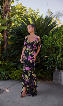 Womens | Cai Heavy Viscose Crinkle Chiffon High Low Maxi Dress | Black Multi