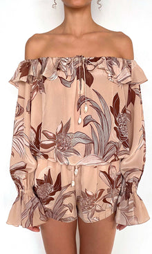 Womens | Cali Viscose Natural Crepe Off-Shoulder Top | Beige Brown