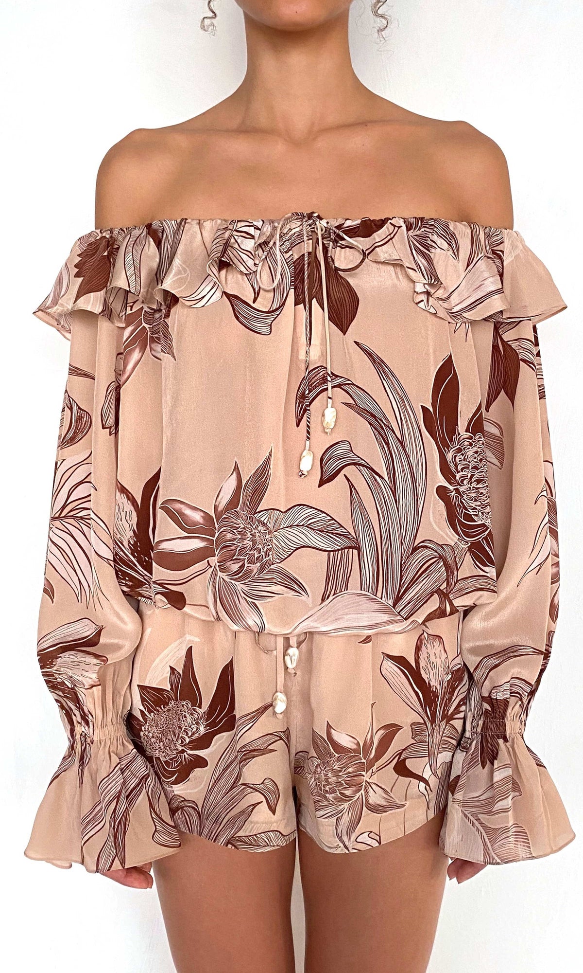 Womens | Cali Viscose Natural Crepe Off-Shoulder Top | Beige Brown
