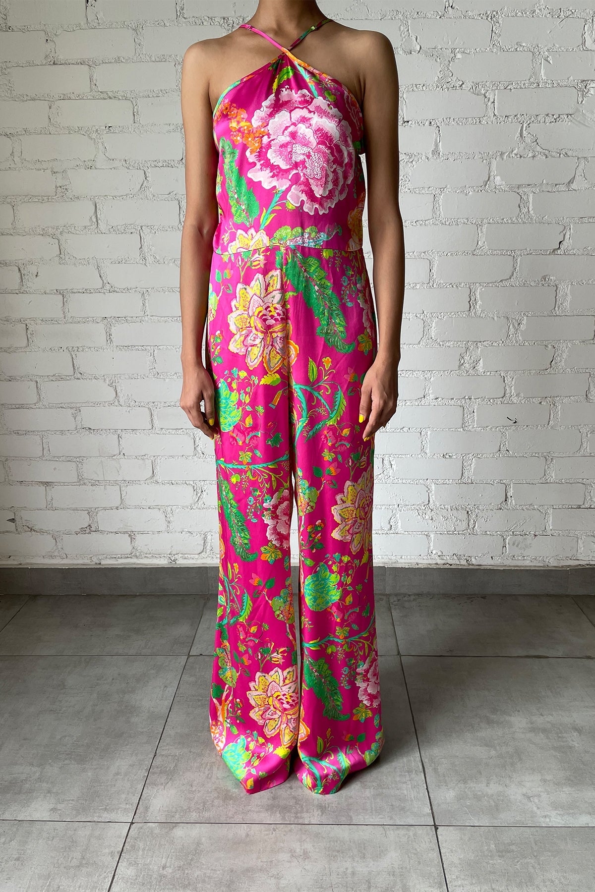 Viscose Satin Long Dress | Pink/Multi