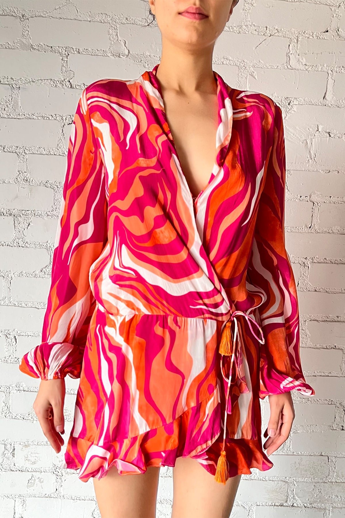 V-Neck Viscose Crepe Short Dress | Multi