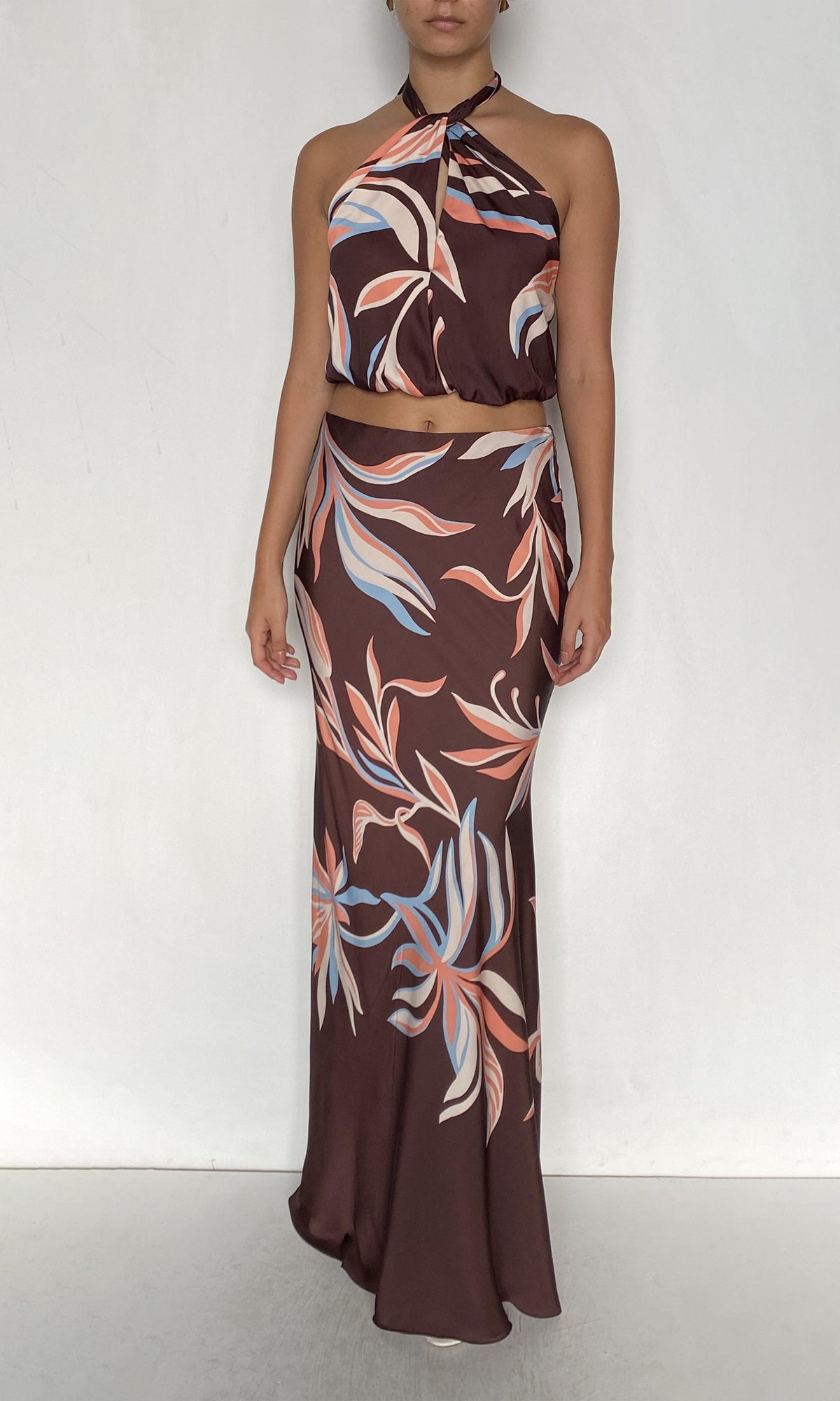 Rococo Sand | Fern Viscose Satin Blouson Top With Back Ties | Brown