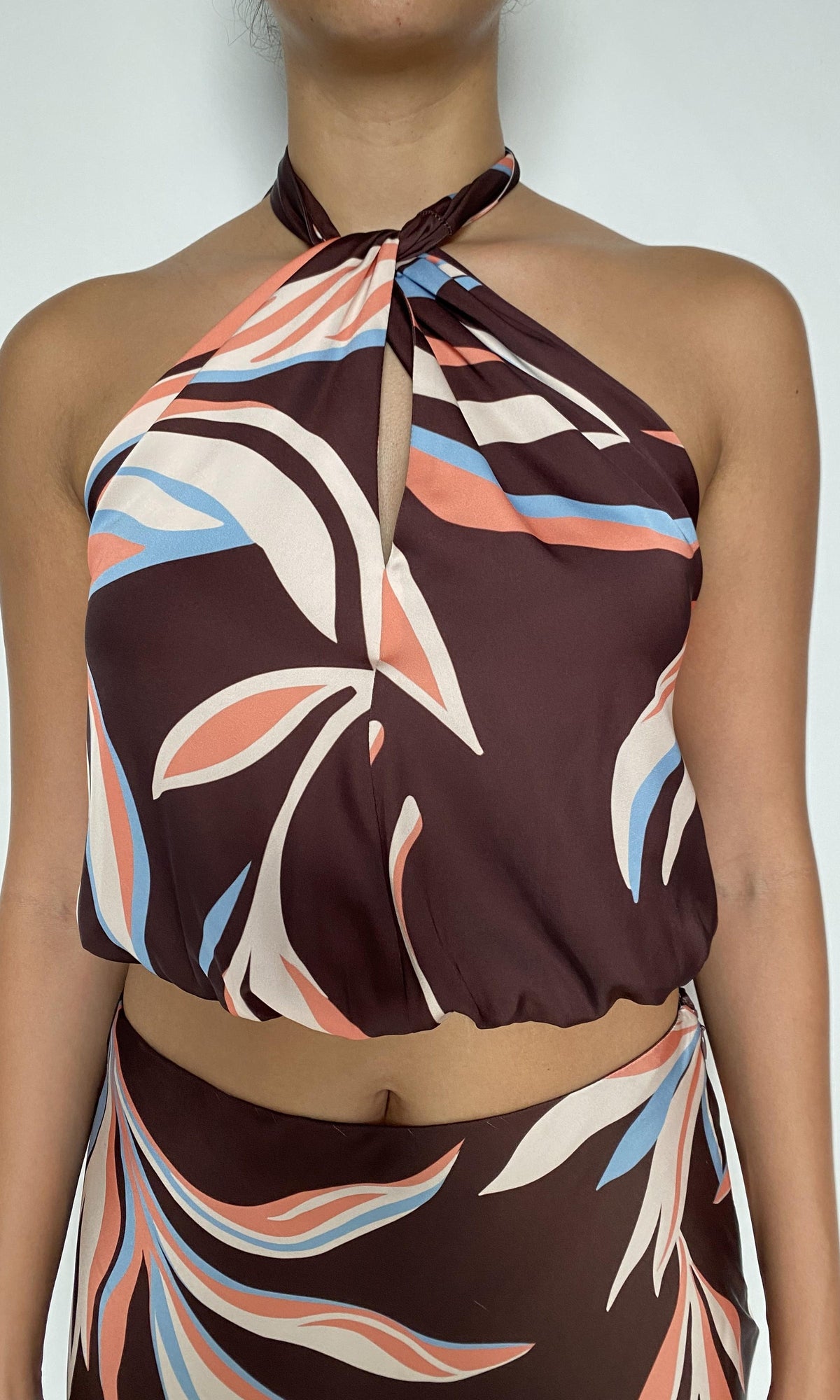 Rococo Sand | Fern Viscose Satin Blouson Top With Back Ties | Brown