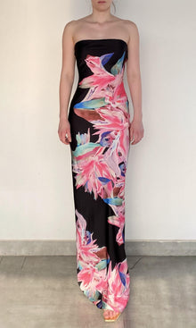 Womens | Hope Polyester Satin Lycra Strapless Maxi Dress | Black Multi