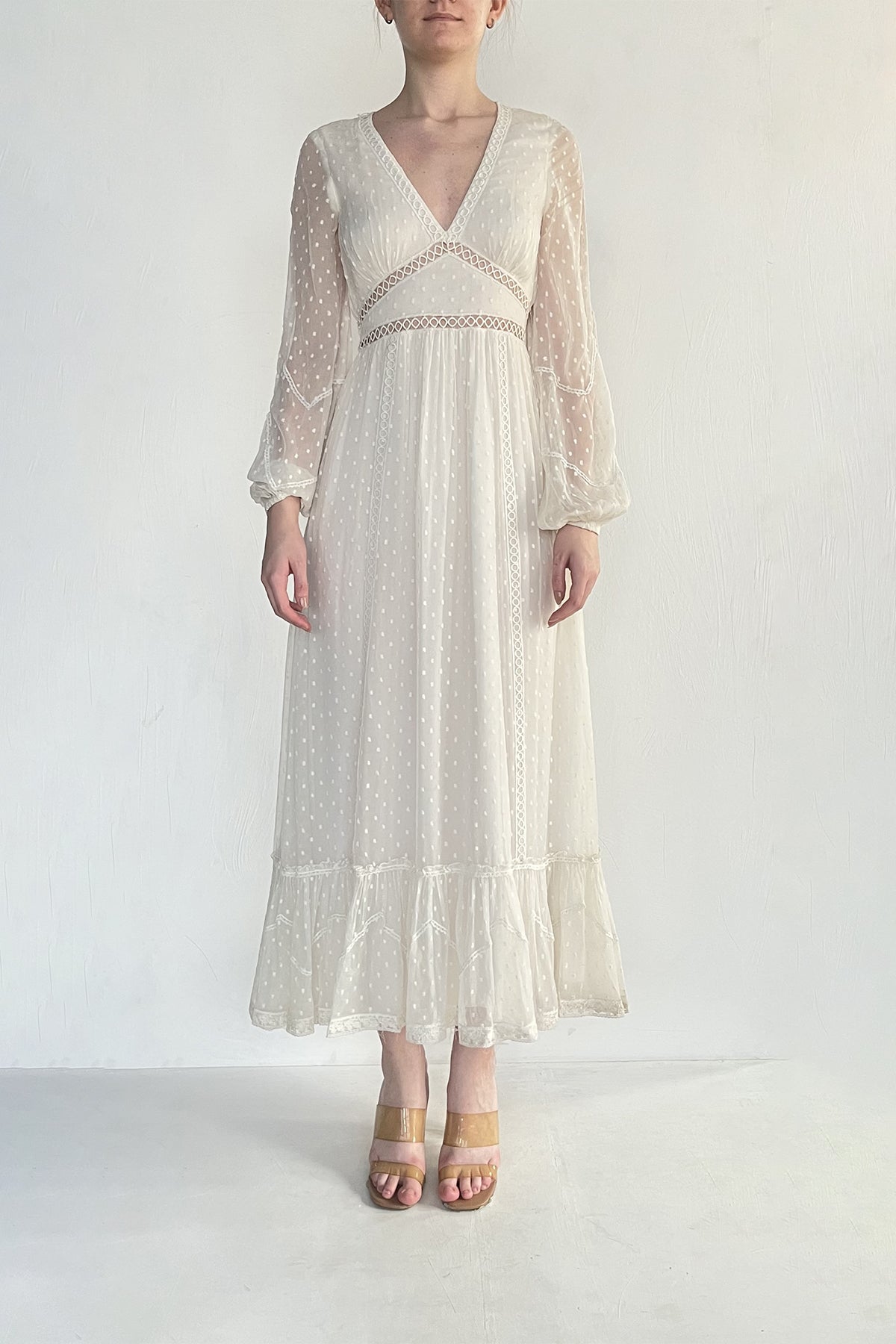 V-Neck Long Sleeve Long Dress | White