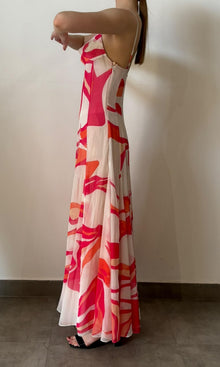 Womens | Inv Poly Chiffion Abstract Print Long Dress | Pink/White