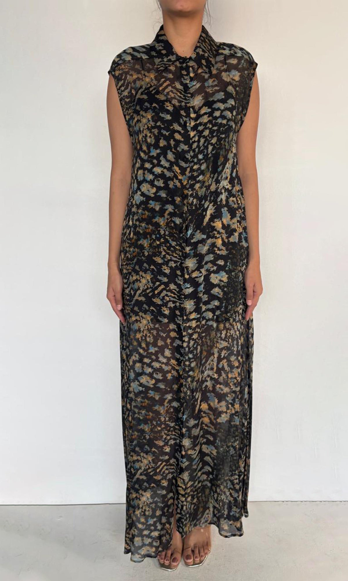 Womens | Inv Polyester Chiffon Long Dress | Black Multi