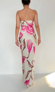 Rococo Sand | Inv Viscose Satin Lycra Long Dress | White-Pink