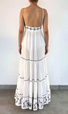 Rococo Sand | Jaci Cotton Double Cloth Gauze Tiered Embroidered Maxi Dress | Black/White