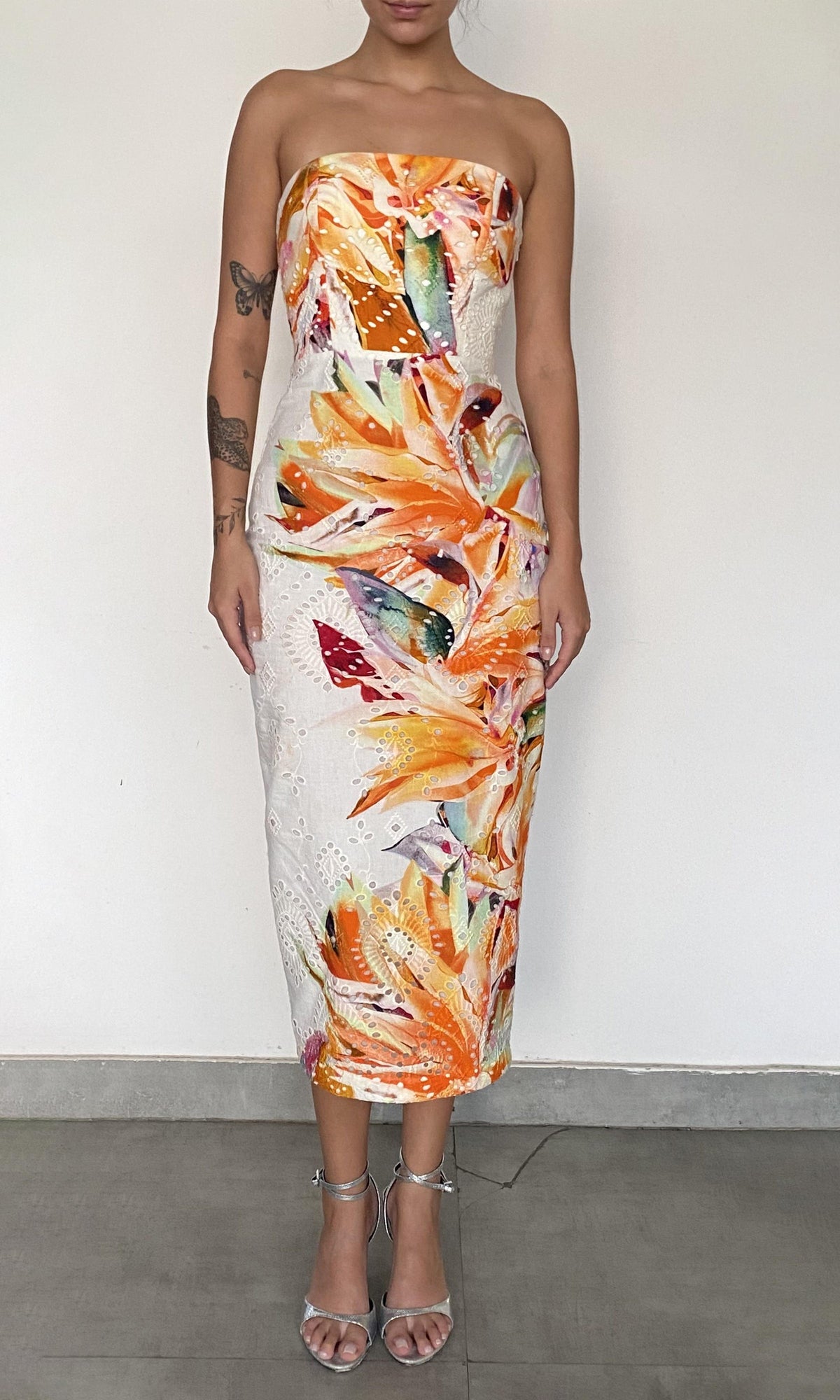 Rococo Sand | Jill Cotton Schiffli Printed Schiffly Midi Dress | White Multi