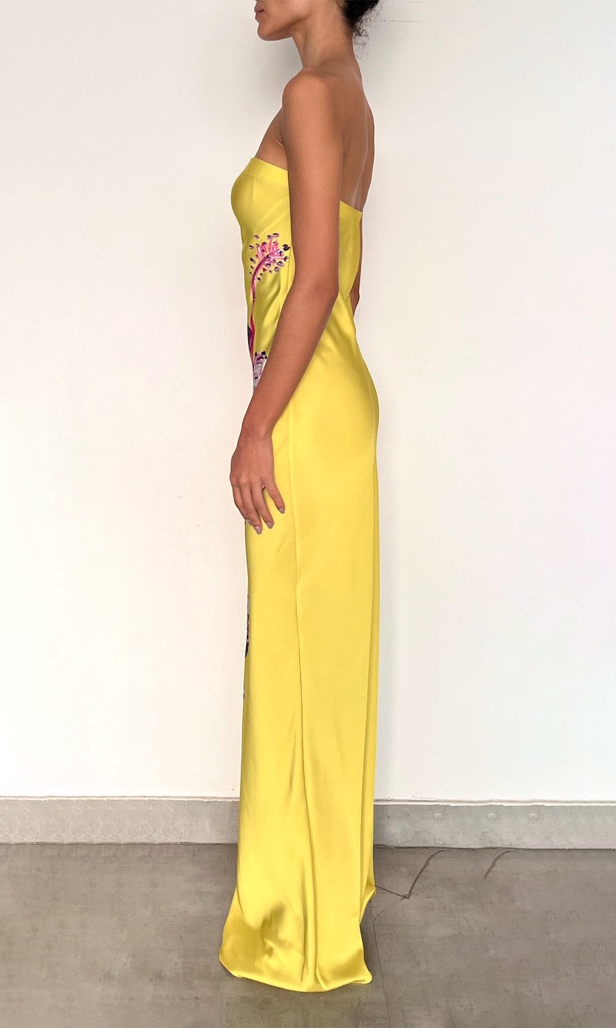 Rococo Sand | Juri Polyester Satin Lycra Strapless Maxi Dress | Yellow Purple