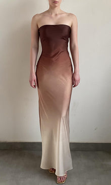 Womens | Kara Polyester Satin Lycra Strapless Maxi Dress | Beige Brown Ombre