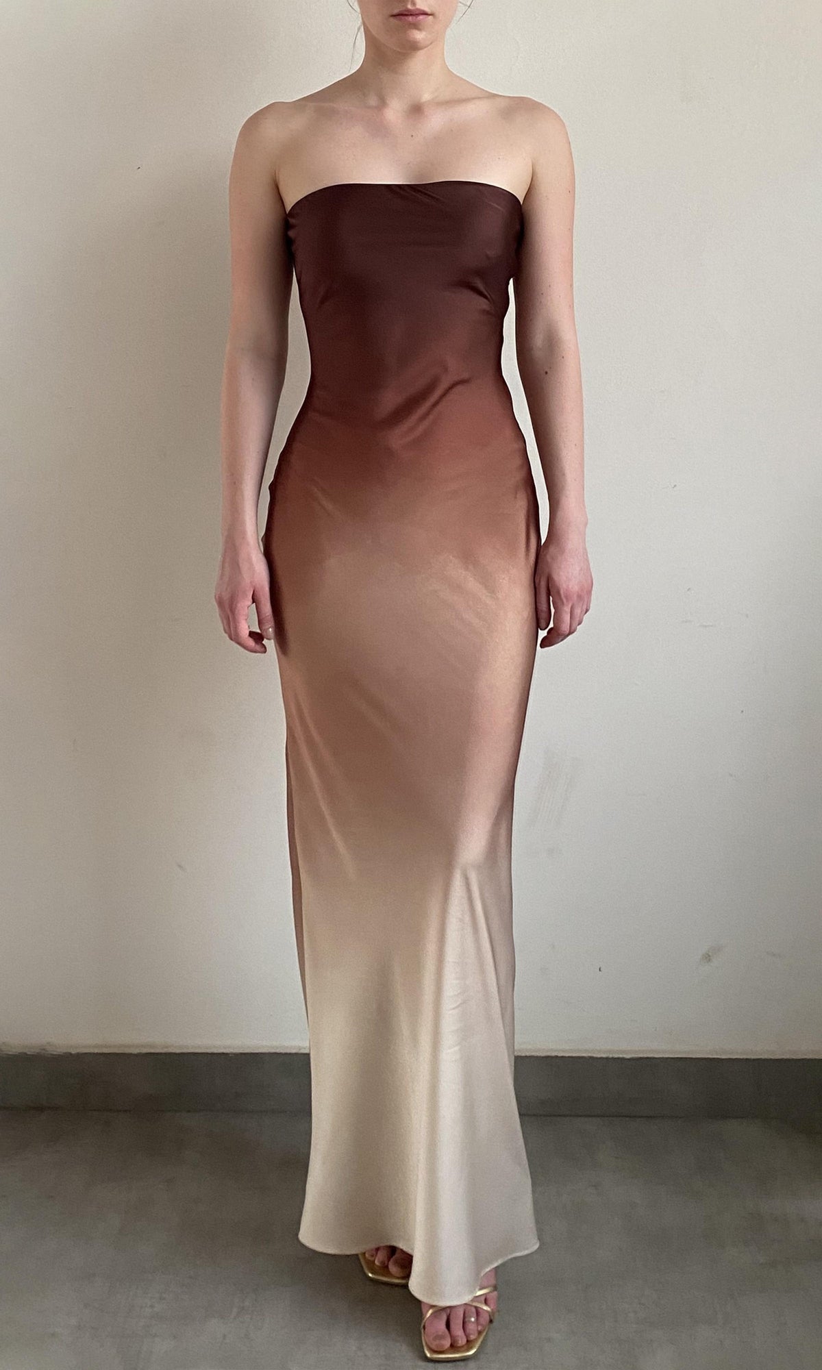Womens | Kara Polyester Satin Lycra Strapless Maxi Dress | Beige Brown Ombre