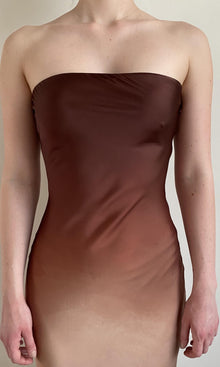 Womens | Kara Polyester Satin Lycra Strapless Maxi Dress | Beige Brown Ombre