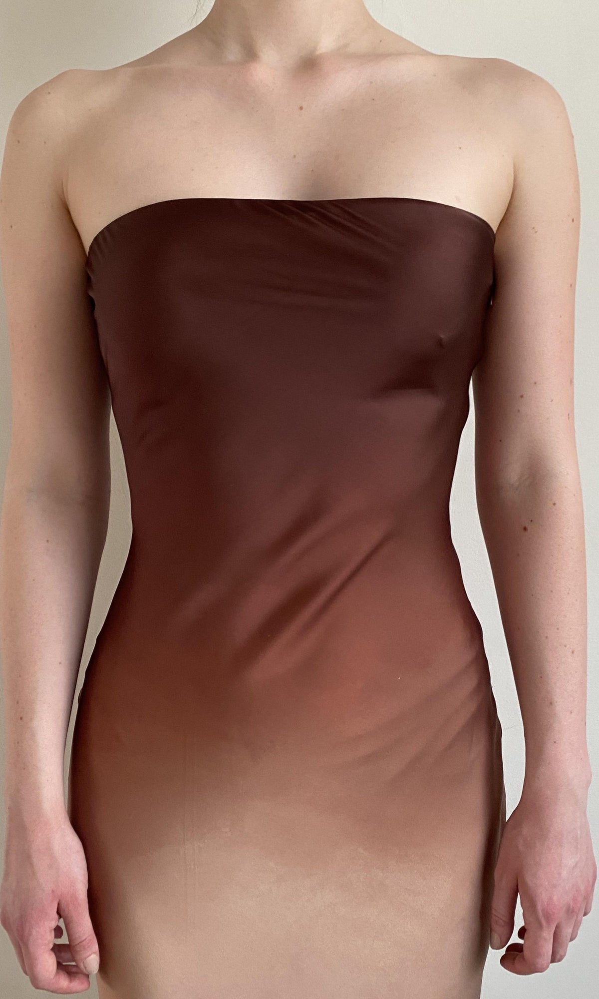 Womens | Kara Polyester Satin Lycra Strapless Maxi Dress | Beige Brown Ombre