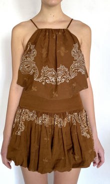 Womens | Kira Linen Cotton Square Neck Bubble Top | Brown