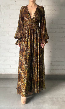 Womens | Kye Viscose Flat Chiffon Long Sleeve High Low Maxi Dress | Black Brown Multi