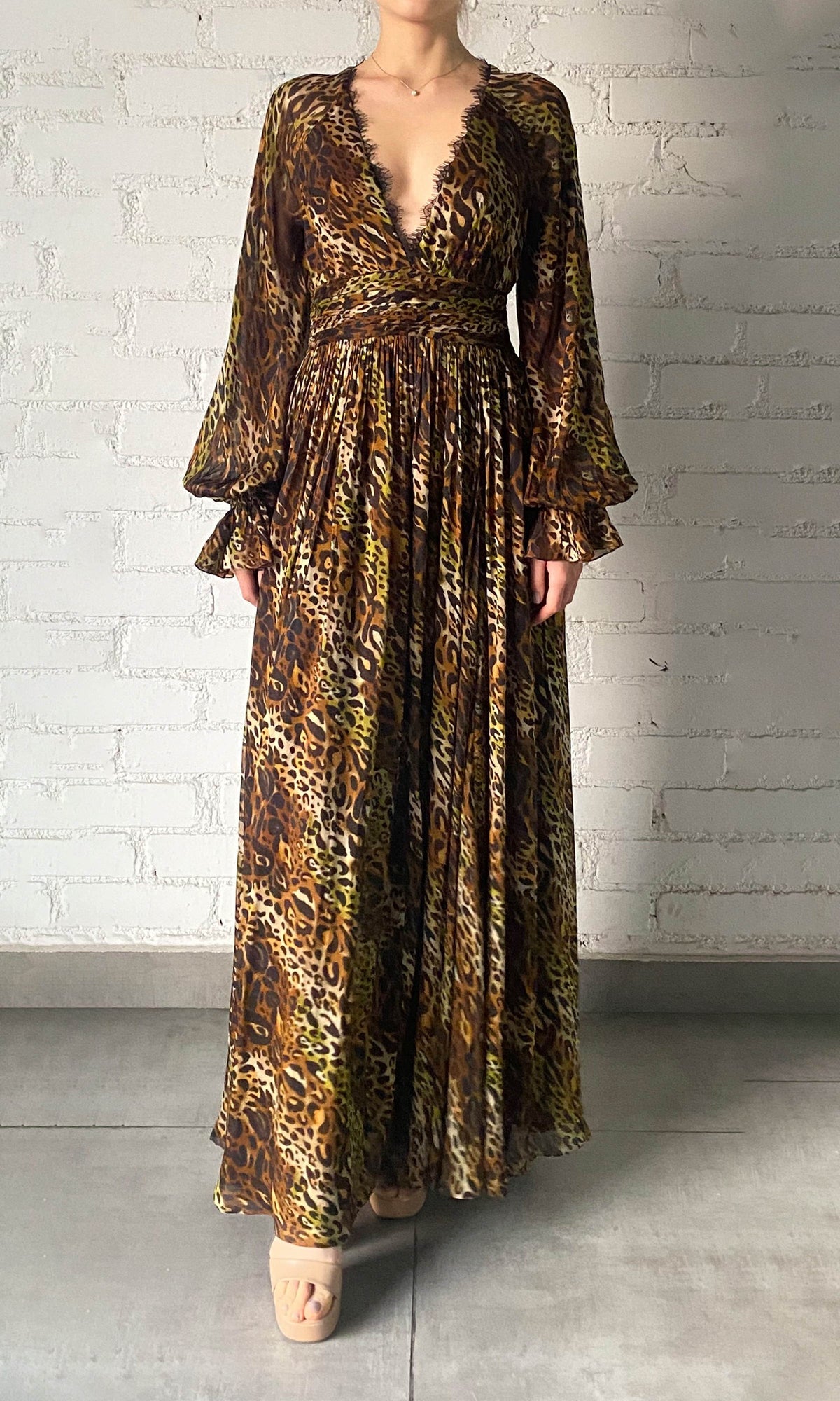 Womens | Kye Viscose Flat Chiffon Long Sleeve High Low Maxi Dress | Black Brown Multi