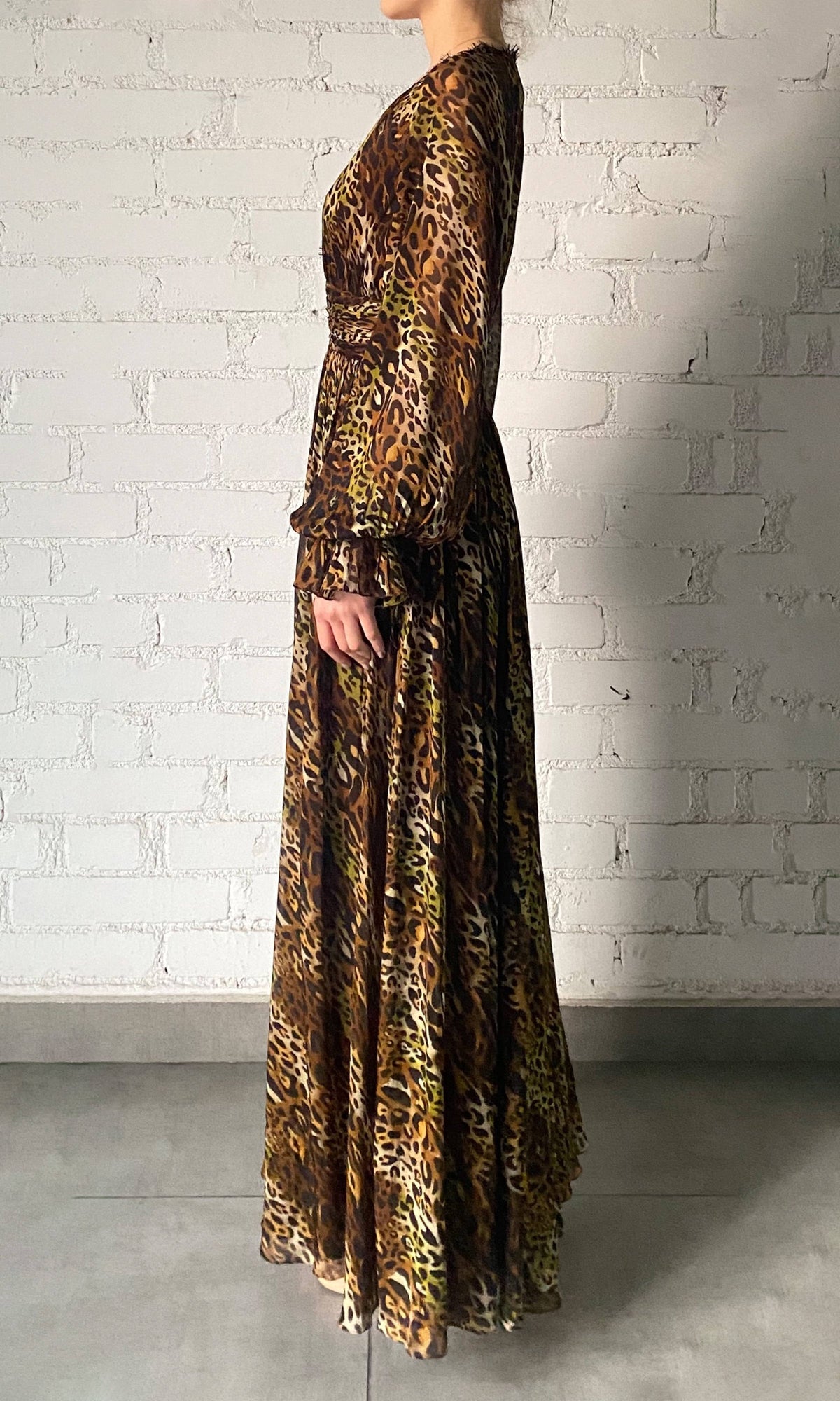 Womens | Kye Viscose Flat Chiffon Long Sleeve High Low Maxi Dress | Black Brown Multi