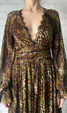 Womens | Kye Viscose Flat Chiffon Long Sleeve High Low Maxi Dress | Black Brown Multi