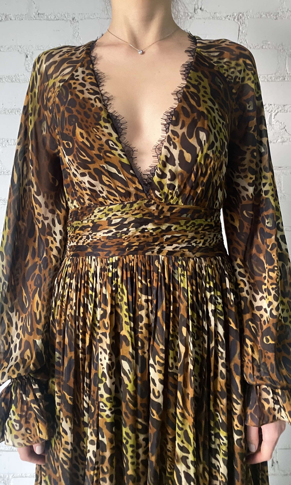 Womens | Kye Viscose Flat Chiffon Long Sleeve High Low Maxi Dress | Black Brown Multi