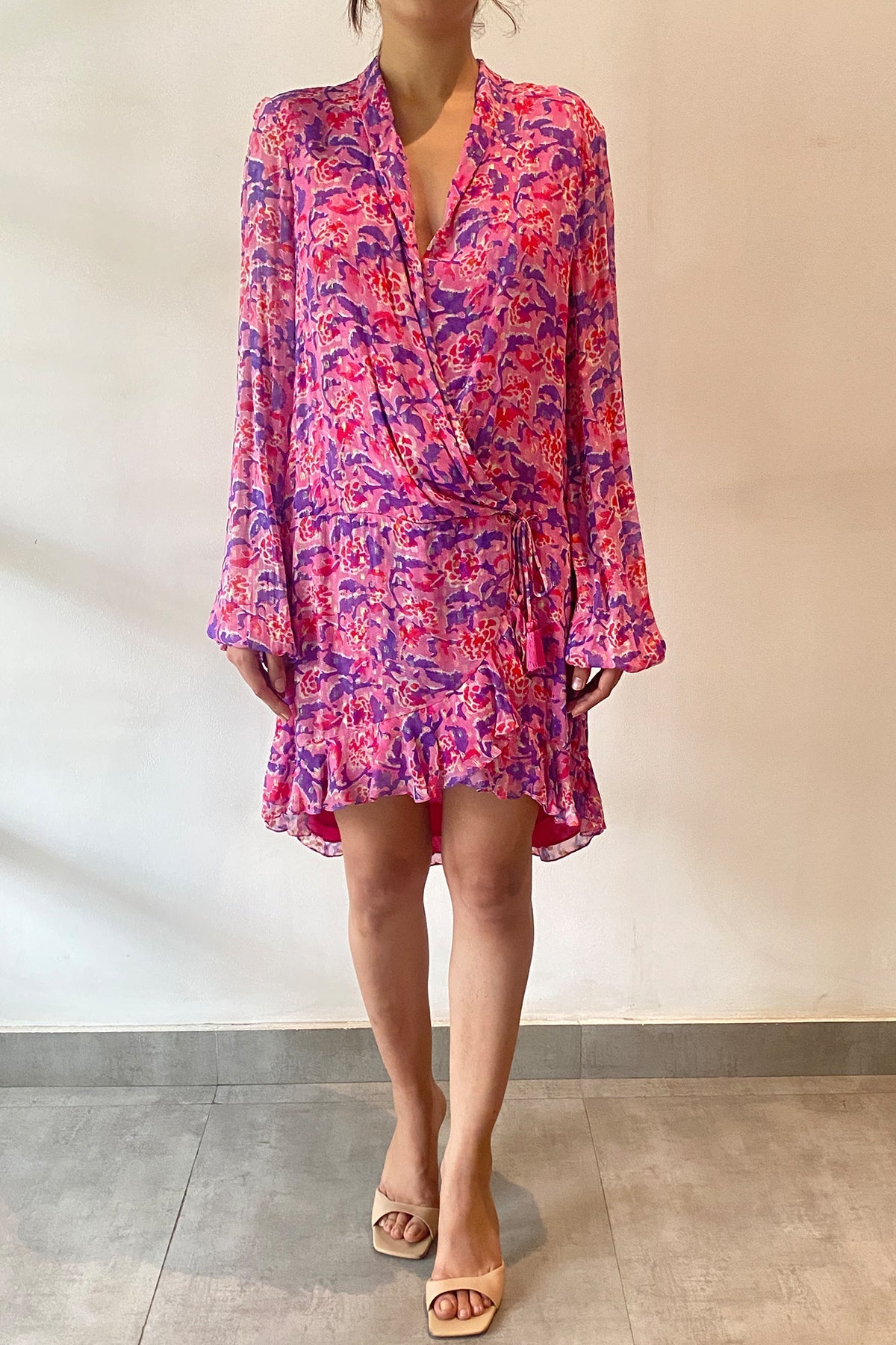 V-Neck Full Sleeve Short Dress | Pink/Multi