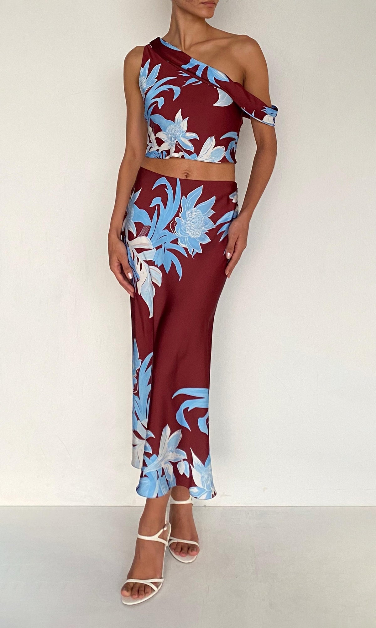 Rococo Sand | Lia Polyester Satin Lycra Midi Skirt | Burgundy Blue