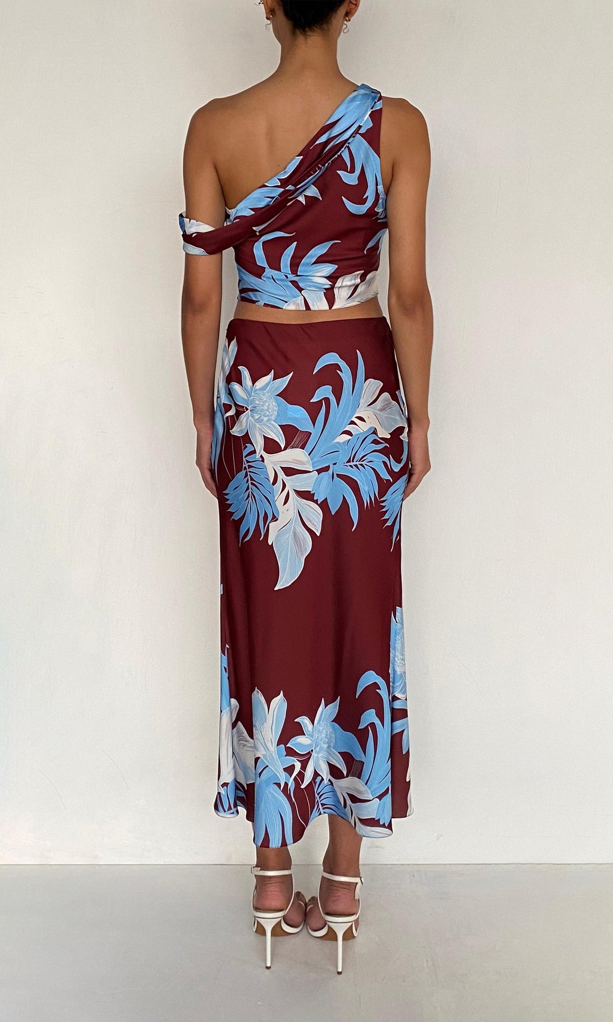 Rococo Sand | Lia Polyester Satin Lycra Midi Skirt | Burgundy Blue