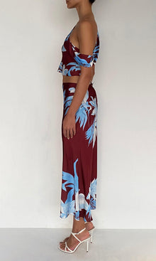 Rococo Sand | Lia Polyester Satin Lycra Midi Skirt | Burgundy Blue