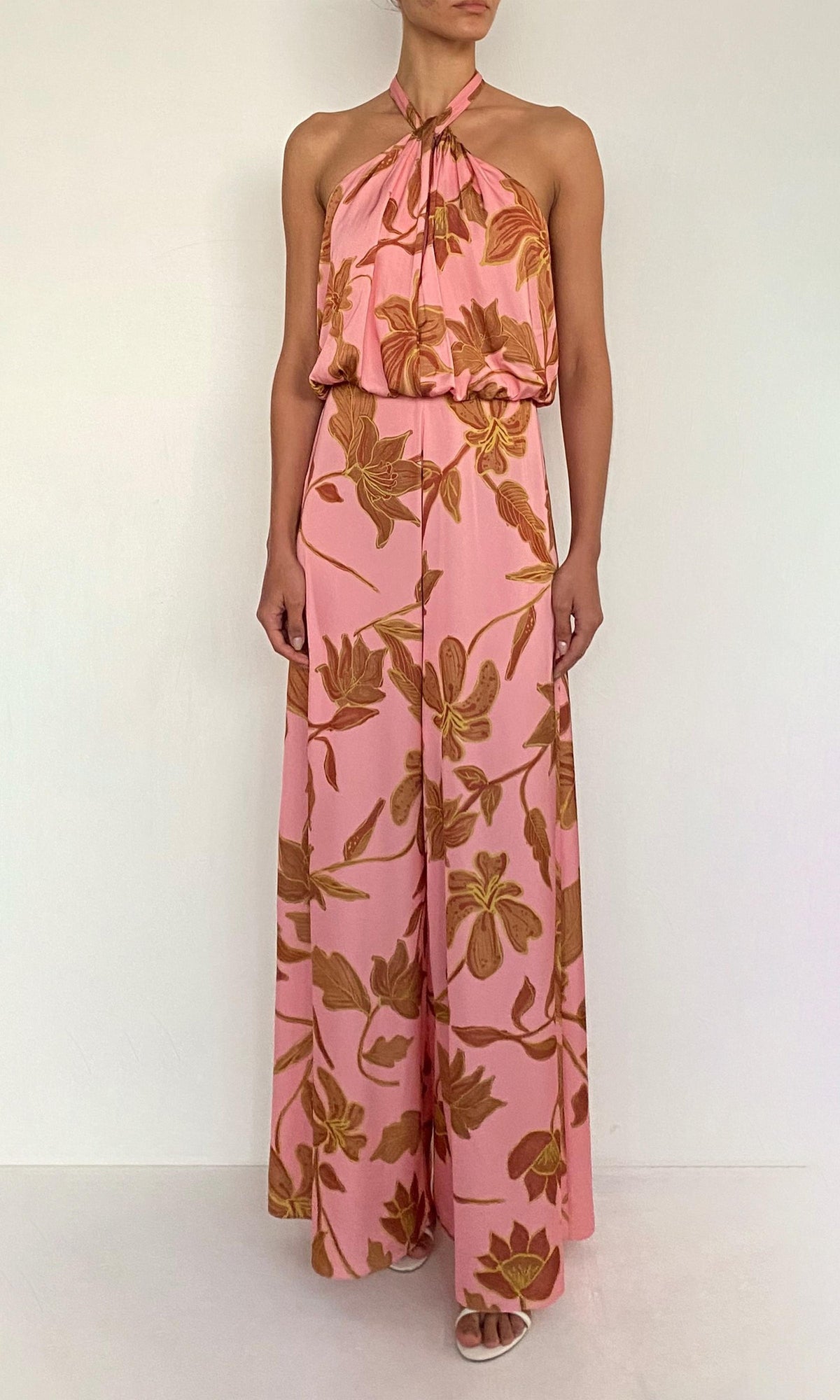 Womens | Mae Polyester Satin Lycra Halter Jumpsuit With Back Sash Tie | Peach